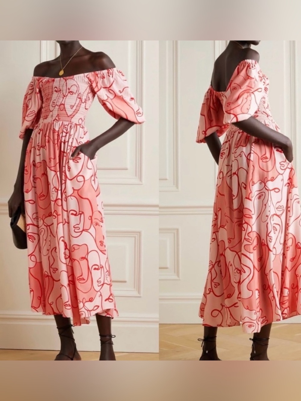 La Ligne Pink Off-Shoulder Midi Dress with Abstract Line Print